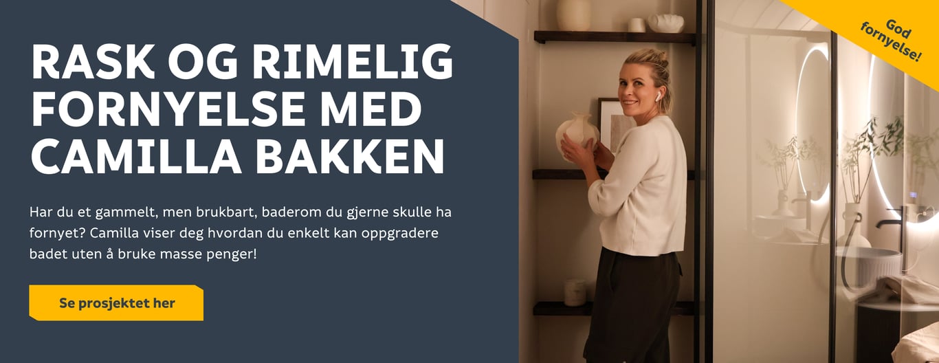 Rask og rimelig fornyelse av badet med Camilla Bakken Har du et gammelt baderom du gjerne skulle ha fornyet? Camilla viser deg hvordan du enkelt kan oppgradere badet uten å bruke masse penger. 