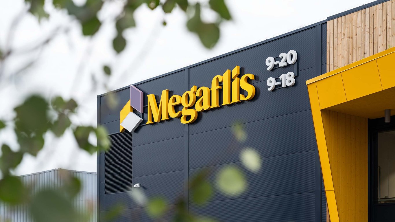 Bilde av et Megaflis-varehus med en gren med grønne bader i forgrunnen