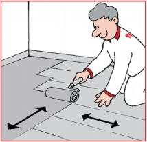 6. Når første strøk er overflatetørr på vegg eller gangfast på gulv, påføres strøk nr.2 med samme mengde. Samlet 2,2 – 2,5 kg pr. m². (Overflatetørr, klar til neste lag: 3-5 timer)