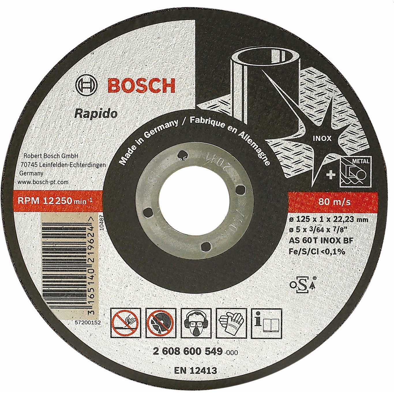BOSCH KAPPESKIVE Ø125X22.2X1.0 RETT INOX K60 BOSCH KAPPESKIVE Ø125X22.2X1.0 RETT INOX K60