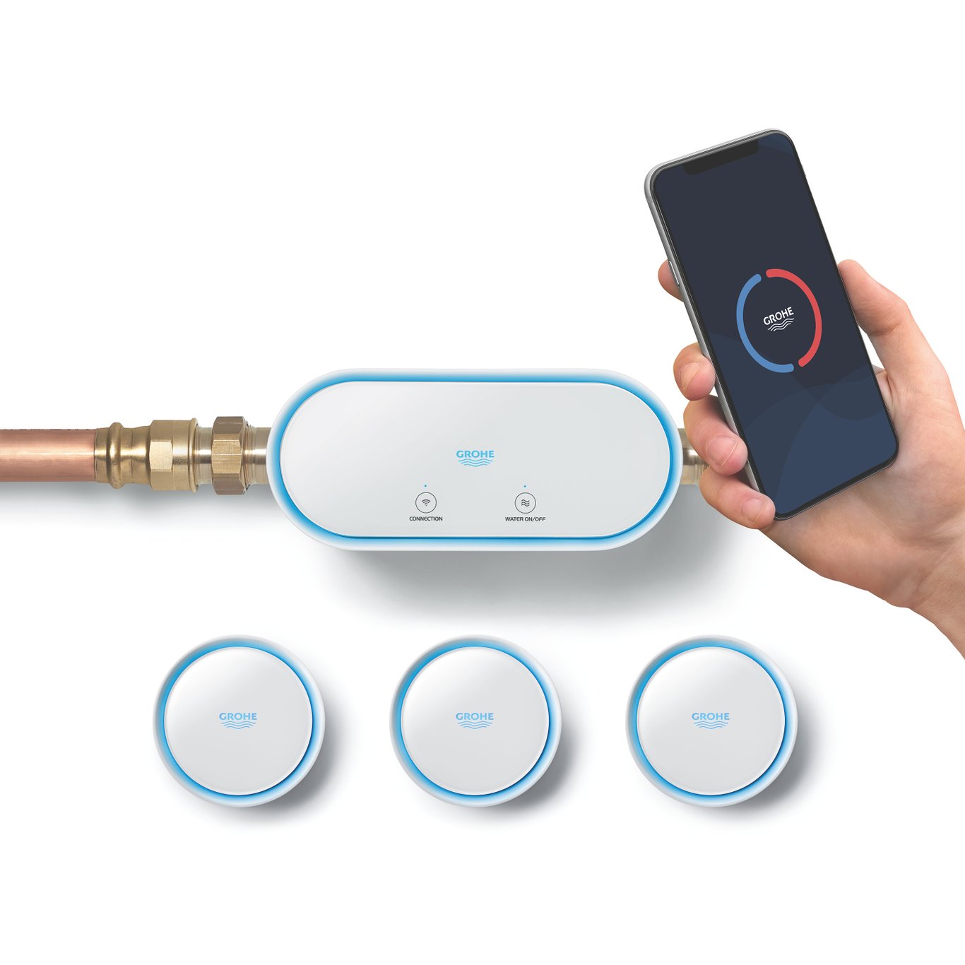 GROHE SENSE KIT SMART LEKKASJESTOPPER OG 3 X SMART VANNSENSORER HVIT GROHE SENSE KIT SMART LEKKASJESTOPPER OG 3 X SMART VANNSENSORER HVIT