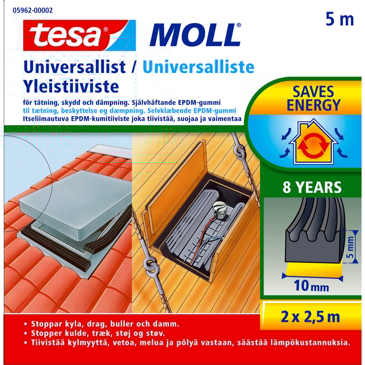 TESA TETNINGSLIST UNIVERSAL 5M X 10MM X 5MM SORT