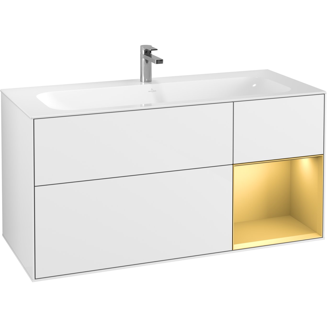 V&B FINION SERVANTSKAP 120 HVIT HØYGLANS LAKK M/LYS, HØYRESTILT MATT GULL HYLLE V&B FINION SERVANTSKAP 120 HVIT HØYGLANS LAKK M/LYS, HØYRESTILT MATT GULL HYLLE