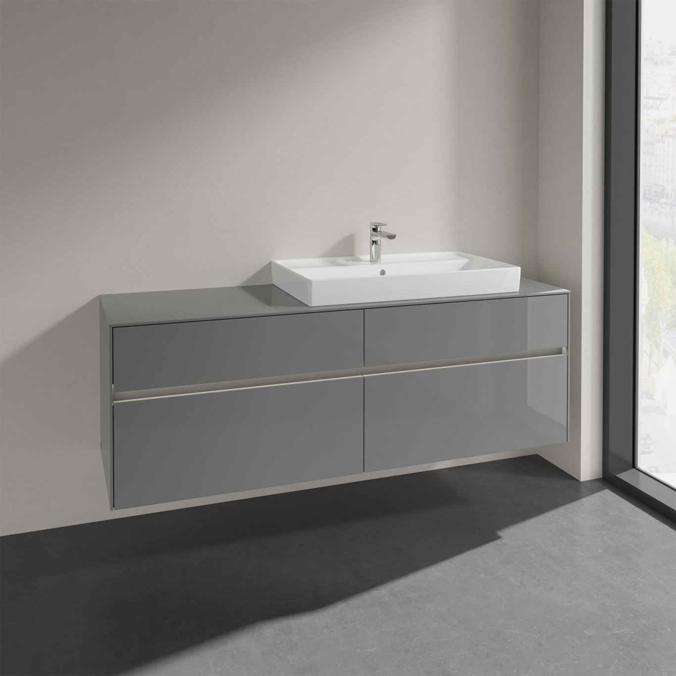 V&B COLLARO SERVANTSKAP 160 M/LYS FOR SERVANT HØYRE 80 CM M/4 SKUFFER GRÅ HØYGLANS V&B COLLARO SERVANTSKAP 160 M/LYS FOR SERVANT HØYRE 80 CM M/4 SKUFFER GRÅ HØYGLANS