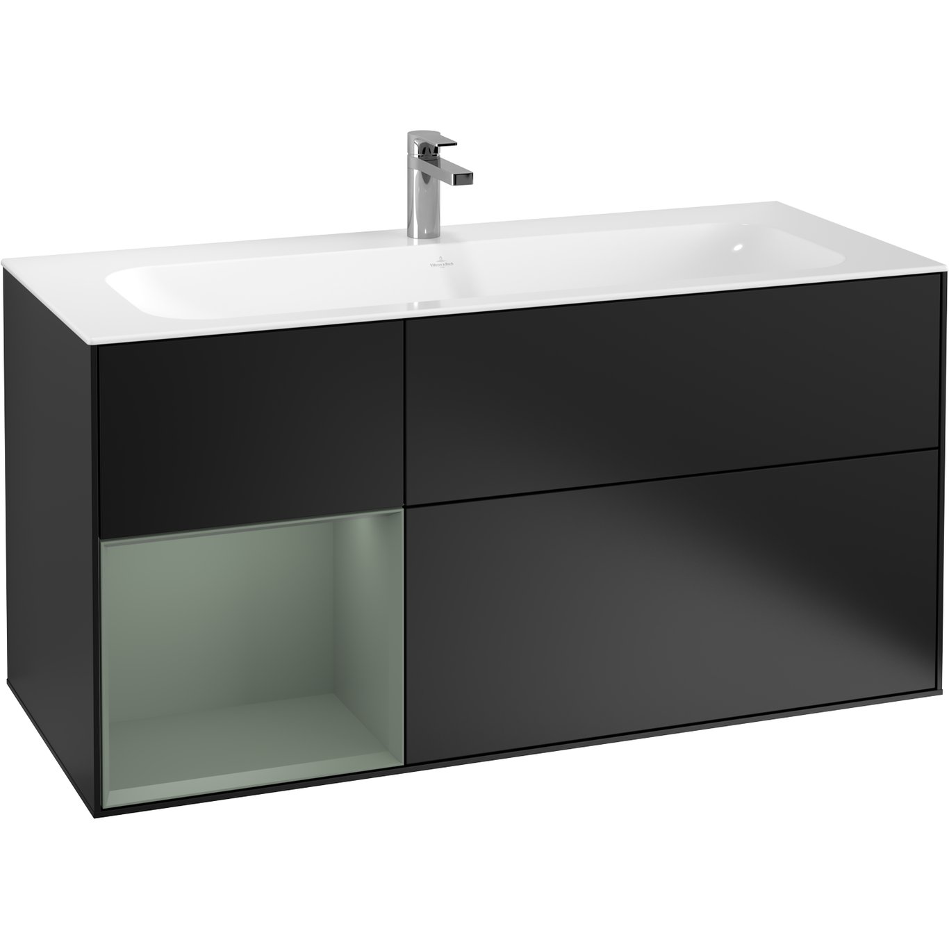 V&B FINION SERVANTSKAP 120 SORT MATT LAKK M/LYS VENSTRESTILT OLIVENGRØNN HYLLE