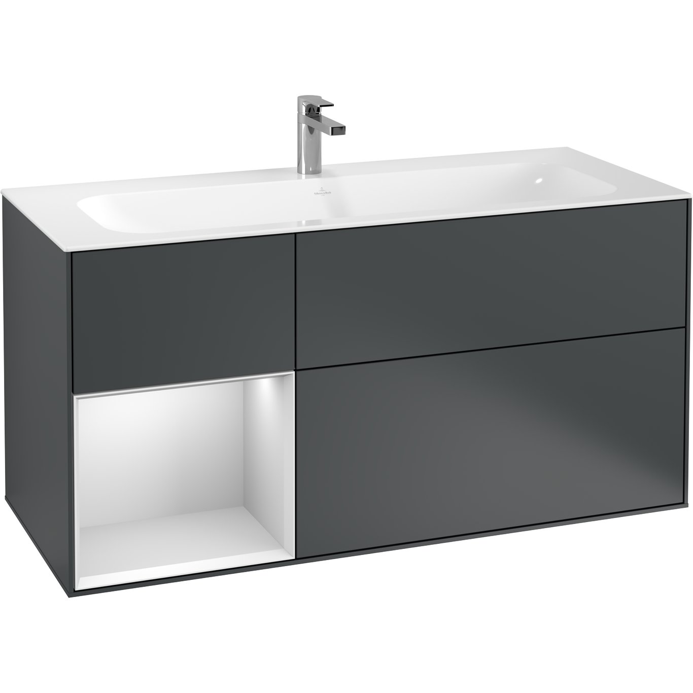 V&B FINION SERVANTSKAP 120 MIDNATTSBLÅ MATT LAKK M/LYS, VENSTRESTILT HVITMATT HYLLE