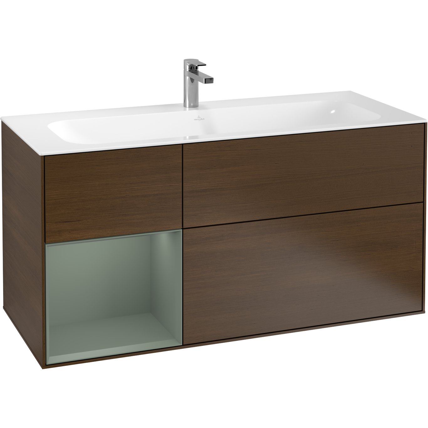 V&B FINION SERVANTSKAP 120 VALNØTT FINÉR EMOTION-LYS, VENSTRESTILT OLIVENGRØNN HYLLE