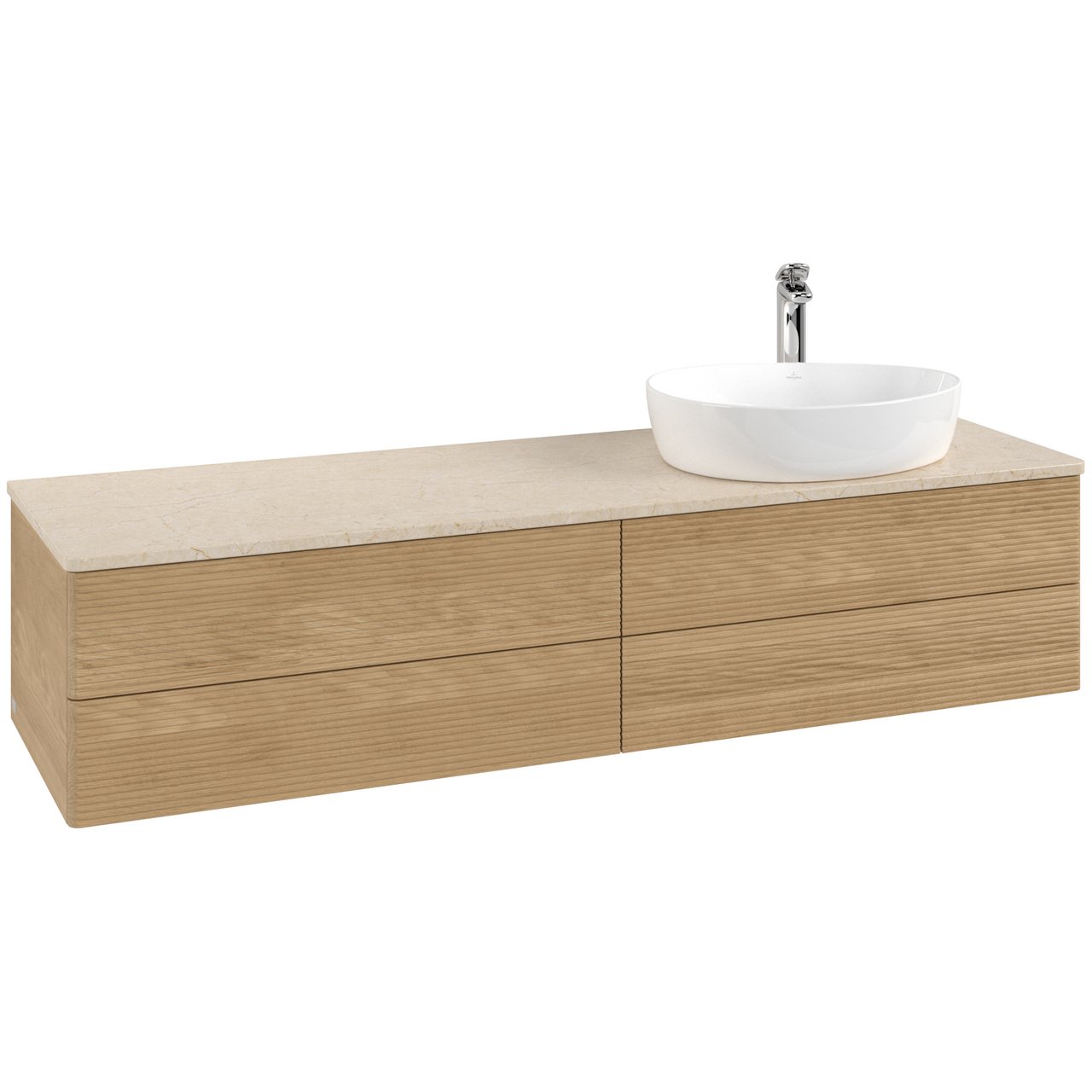 V&B ANTAO SERVANTSKAP 4 SKUFFER RILLET 1600X360X500 HØYRE M/KRANHULL EIK/CRÉME V&B ANTAO SERVANTSKAP 4 SKUFFER RILLET 1600X360X500 HØYRE M/KRANHULL EIK/CRÉME