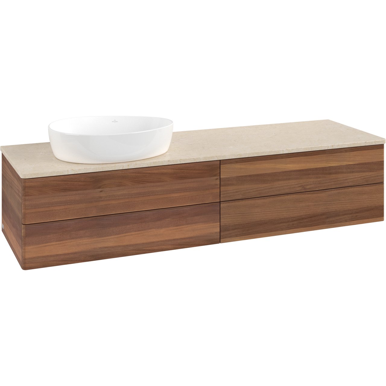 V&B ANTAO SERVANTSKAP 4 SKUFFER GLATT 1600X360X500 VENSTRE U/KRANHULL M/LYS VALNØTT/CRÉME