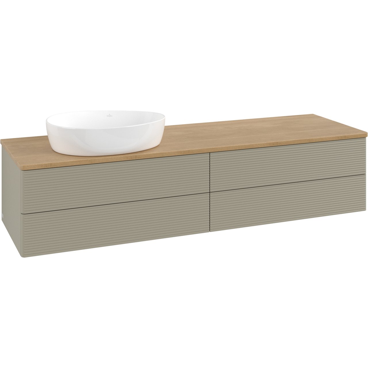 V&B ANTAO SERVANTSKAP 4 SKUFFER RILLET 1600X360X500 VENSTRE U/KRANHULL M/LYS STENGRÅ/EIK V&B ANTAO SERVANTSKAP 4 SKUFFER RILLET 1600X360X500 VENSTRE U/KRANHULL M/LYS STENGRÅ/EIK
