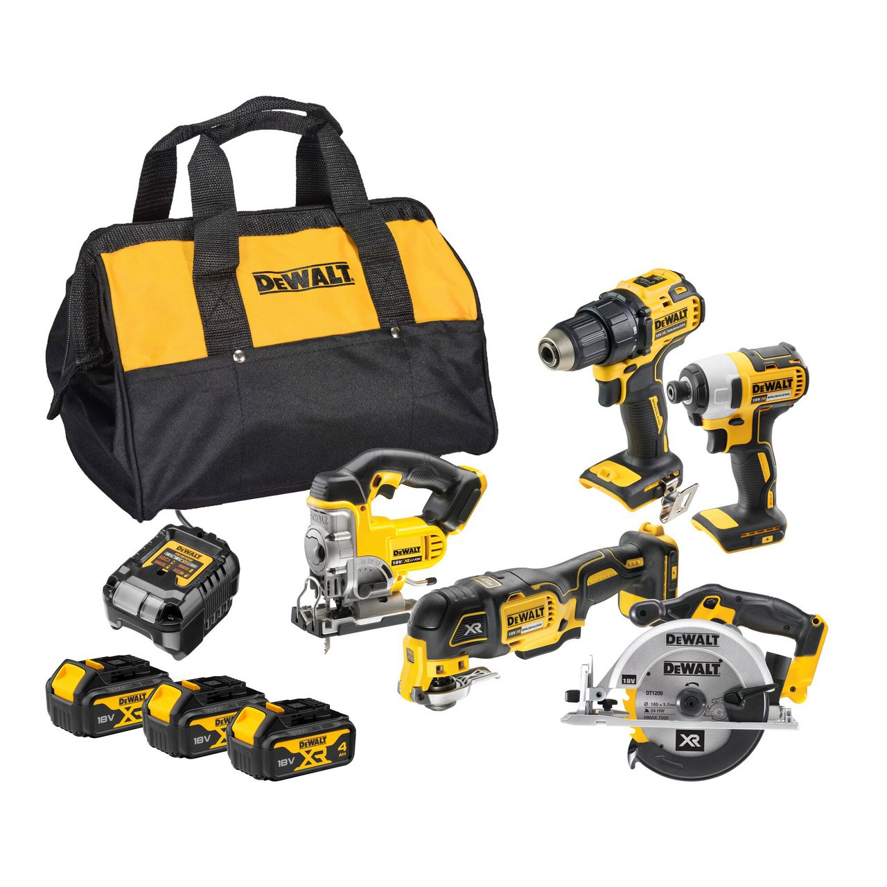 DEWALT 18V 5-PAKK, DRILL, SLAGTREKKER, SIRKELSAG, STIKKSAG, MULTIKUTTER, 3X4AH BATTERIER DEWALT 18V 5-PAKK, DRILL, SLAGTREKKER, SIRKELSAG, STIKKSAG, MULTIKUTTER, 3X4AH BATTERIER