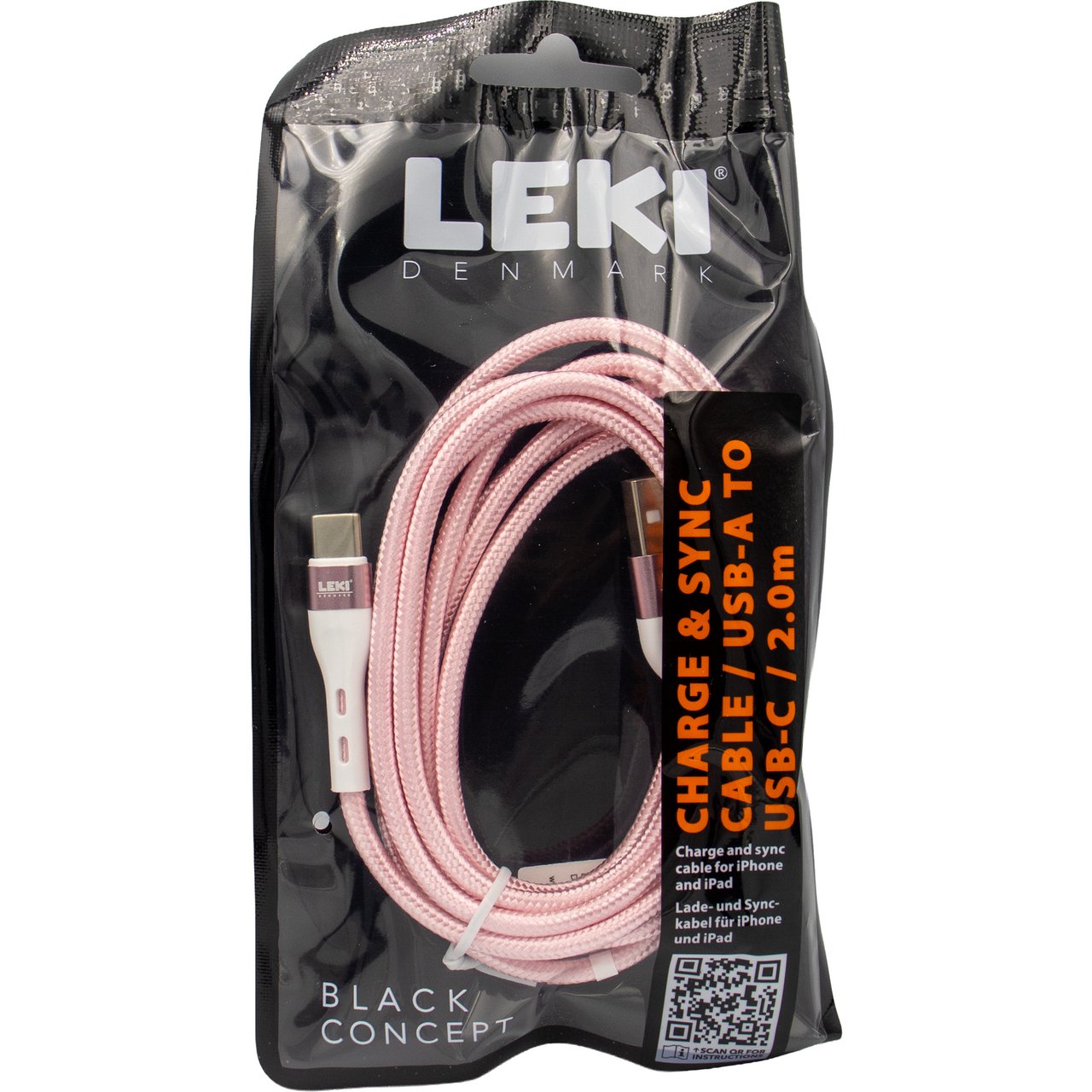 LEKI DENMARK BRAIDED PINK CABLE USB-A TO USB-C 2.0 M