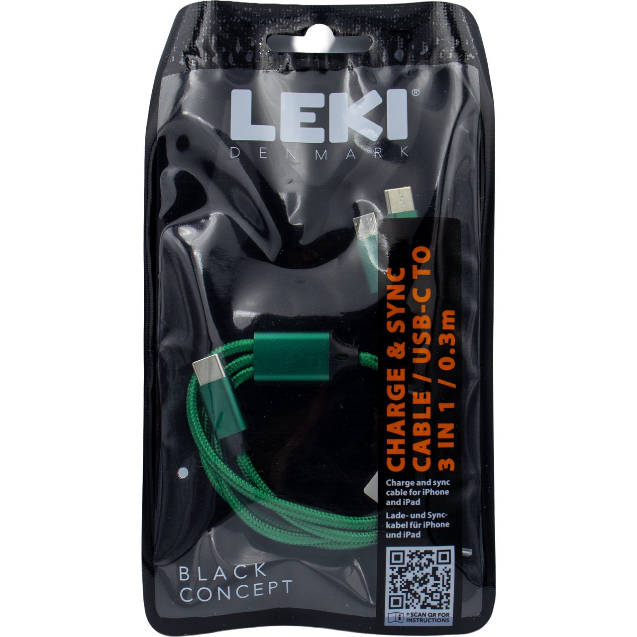 LEKI DENMARK BRAIDED GREEN CABLE 3 IN 1 0.30 M LEKI DENMARK BRAIDED GREEN CABLE 3 IN 1 0.30 M