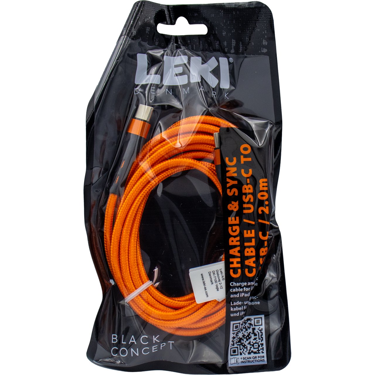 LEKI DENMARK BRAIDED ORANGE CABLE USB-C TO USB-C 2.0 M