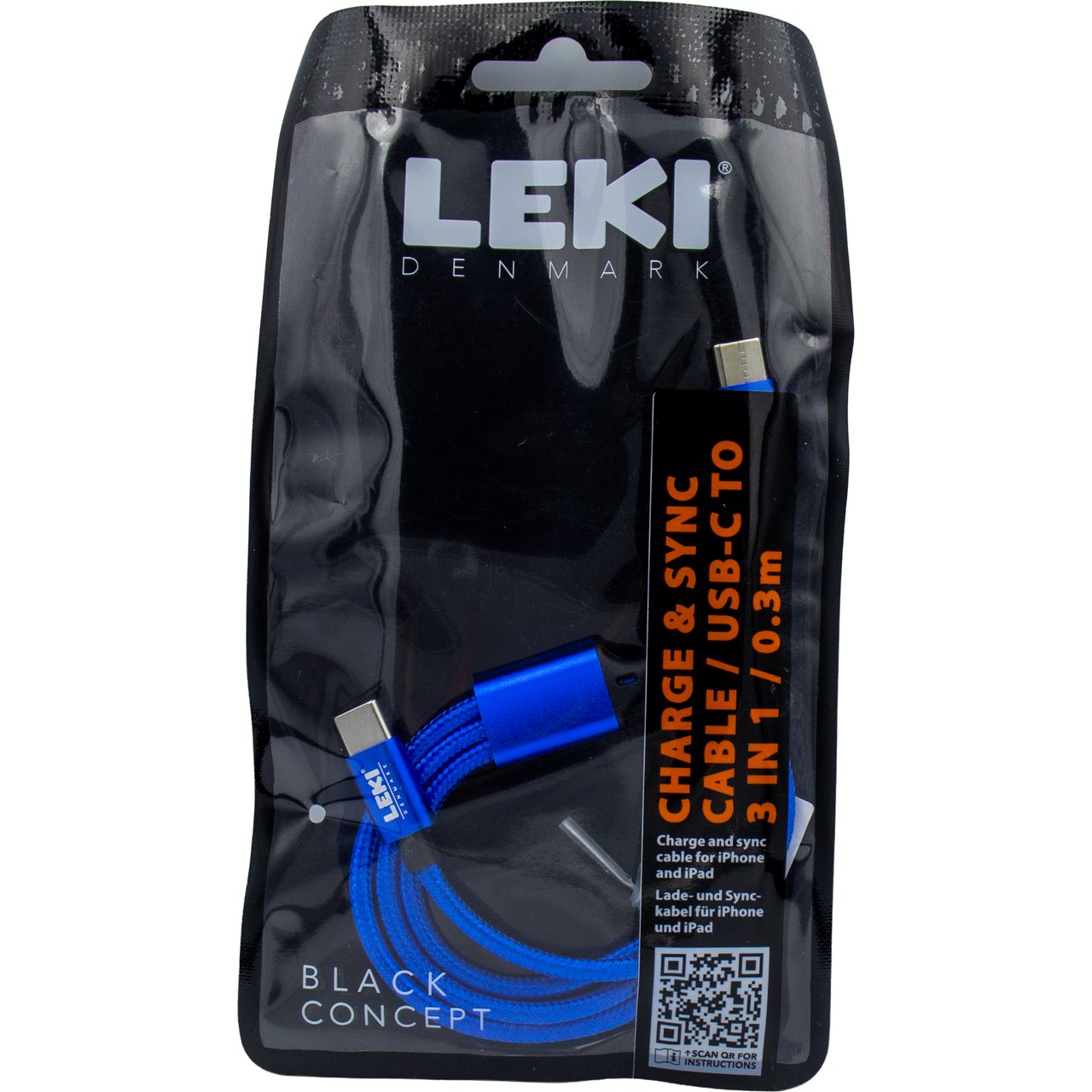 LEKI DENMARK BRAIDED BLUE CABLE 3 IN 1 0.30 M LEKI DENMARK BRAIDED BLUE CABLE 3 IN 1 0.30 M