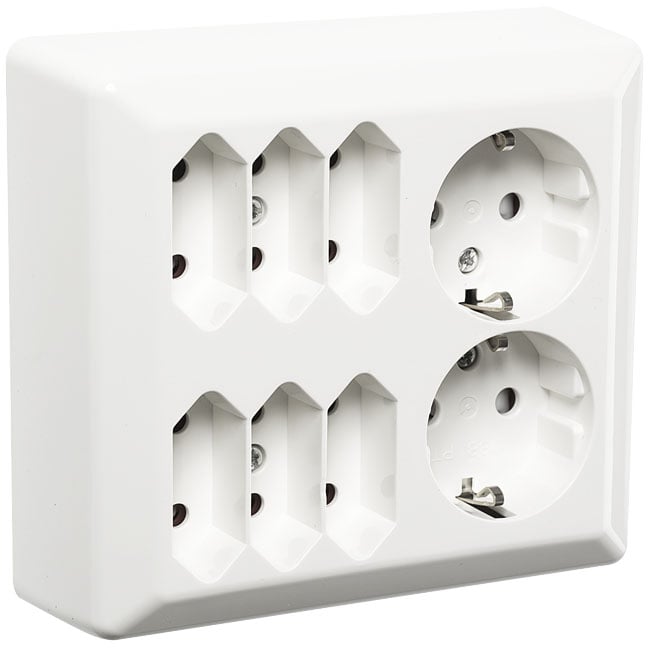 ELKO STIKKONTAKT 2+6 PÅVEGG M/JORD HVIT ELKO STIKKONTAKT 2+6 PÅVEGG M/JORD HVIT