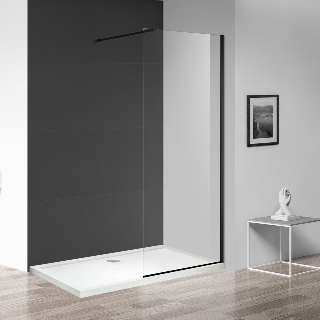 CELESTE FAST DUSJVEGG 80X190CM SORT HØYRE 6MM GLASS M/SIKKERHETSFOLIE CELESTE FAST DUSJVEGG 80X190CM SORT HØYRE 6MM GLASS M/SIKKERHETSFOLIE
