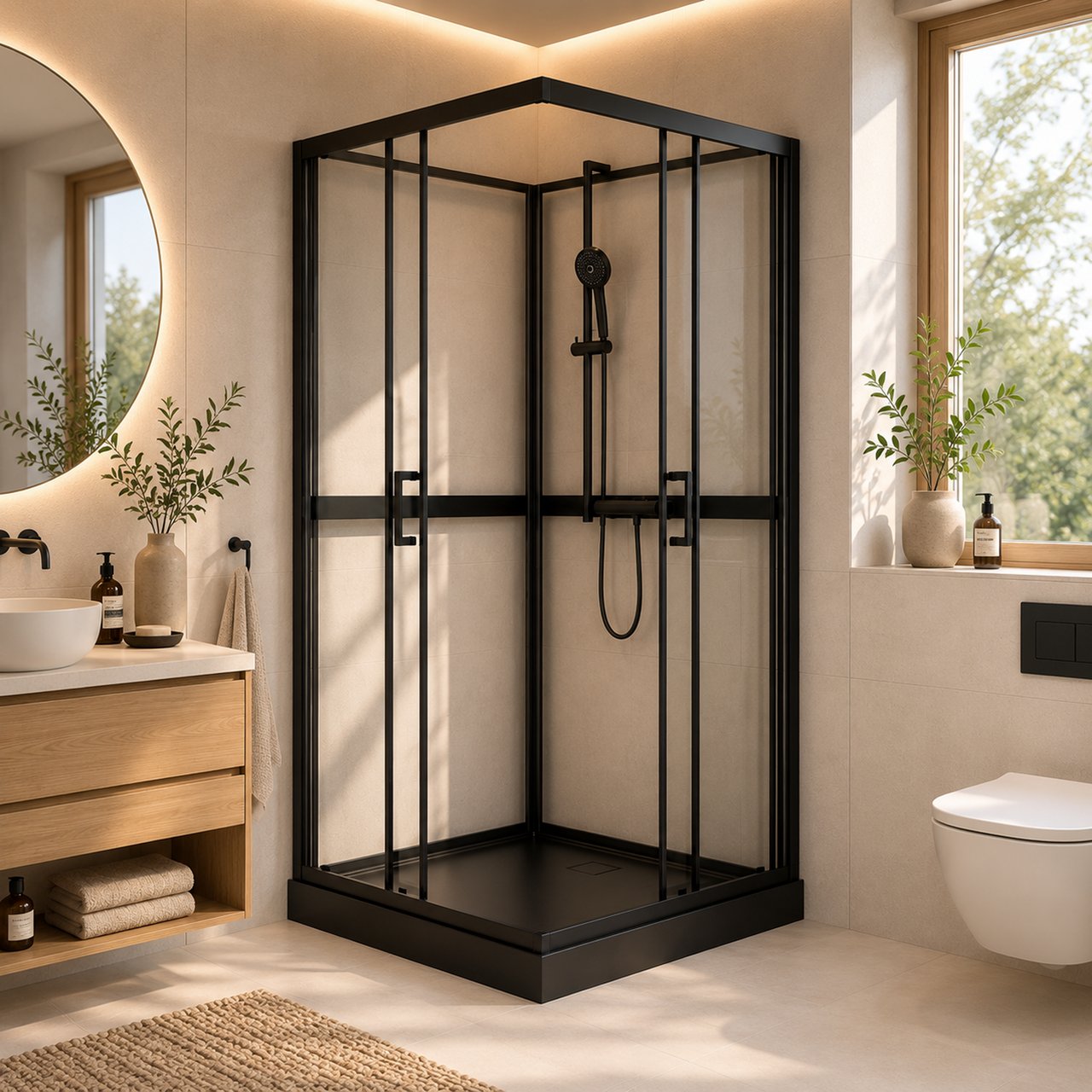 CELESTE TRENTO RETT DUSJKABINETT 80X80X208 CM M/SIKKERHETSFOLIE SORT CELESTE TRENTO RETT DUSJKABINETT 80X80X208 CM M/SIKKERHETSFOLIE SORT