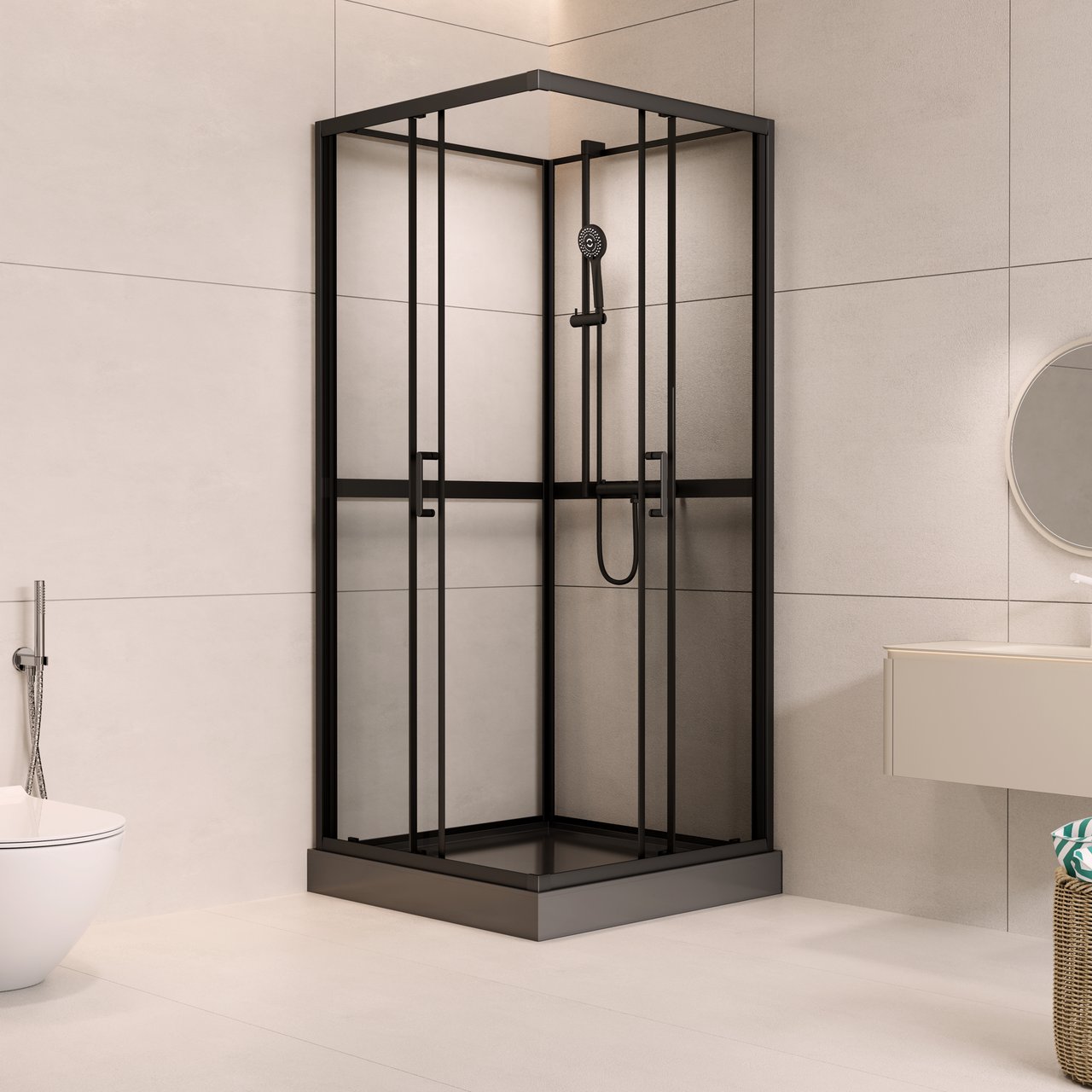 CELESTE TRENTO RETT DUSJKABINETT 80X80X205 CM M/SIKKERHETSFOLIE SORT CELESTE TRENTO RETT DUSJKABINETT 80X80X205 CM M/SIKKERHETSFOLIE SORT