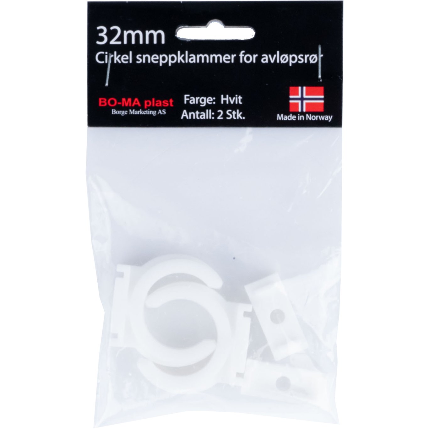 RØRKLAMMER 32 MM HVIT PLAST 2PK. RØRKLAMMER 32 MM HVIT PLAST 2PK.