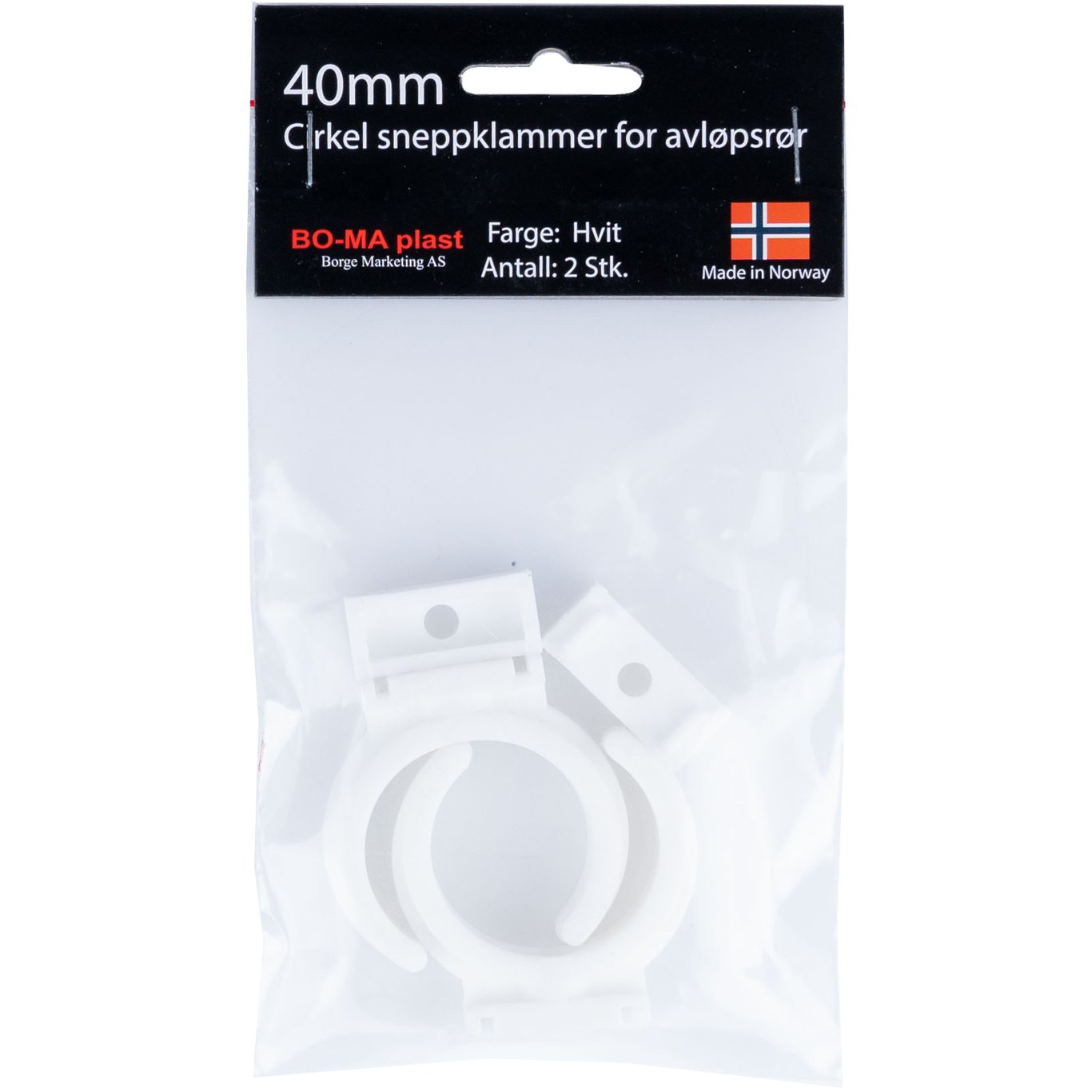 RØRKLAMMER 40 MM HVIT PLAST 2PK. RØRKLAMMER 40 MM HVIT PLAST 2PK.