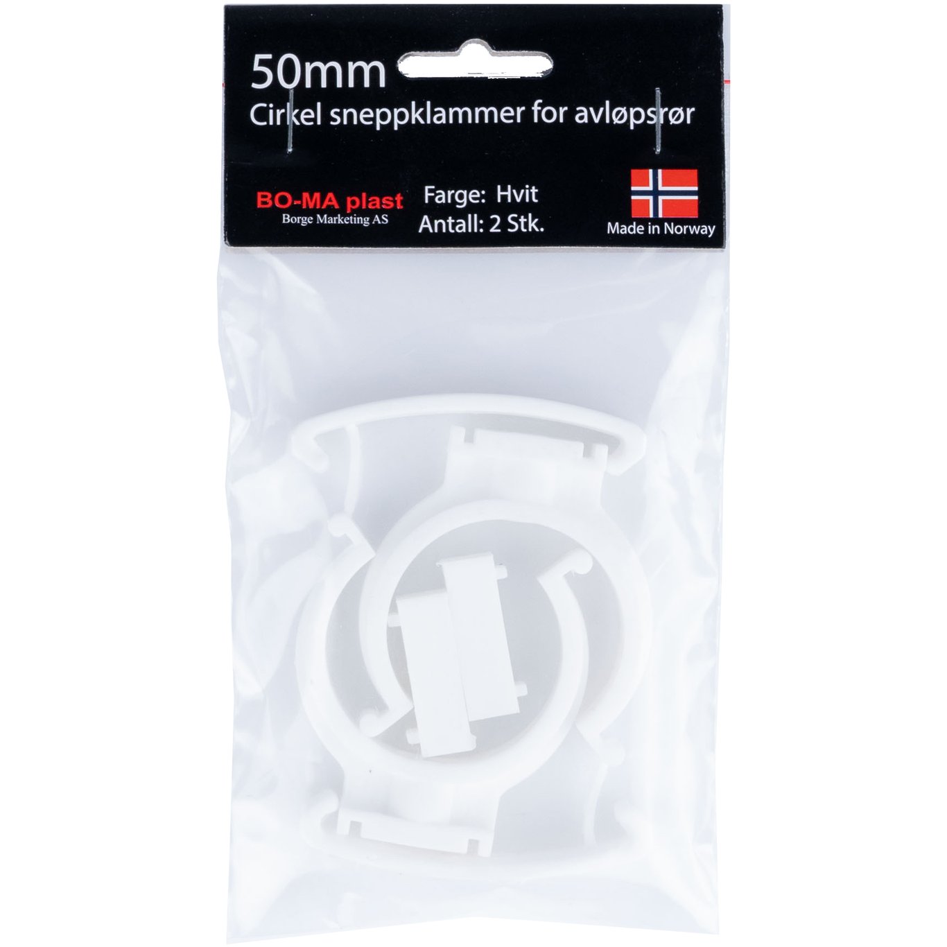 RØRKLAMMER 50 MM HVIT PLAST 2PK. RØRKLAMMER 50 MM HVIT PLAST 2PK.