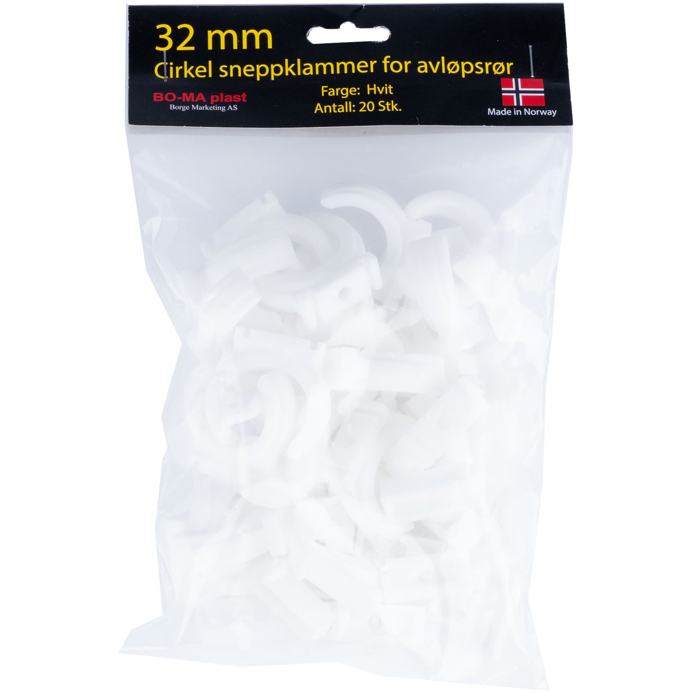 RØRKLAMMER 32 MM HVIT PLAST 20PK. RØRKLAMMER 32 MM HVIT PLAST 20PK.