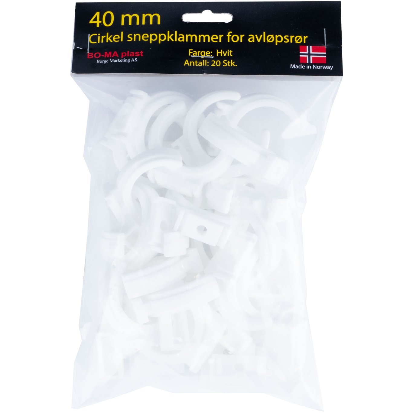 RØRKLAMMER 40 MM HVIT PLAST 20PK. RØRKLAMMER 40 MM HVIT PLAST 20PK.
