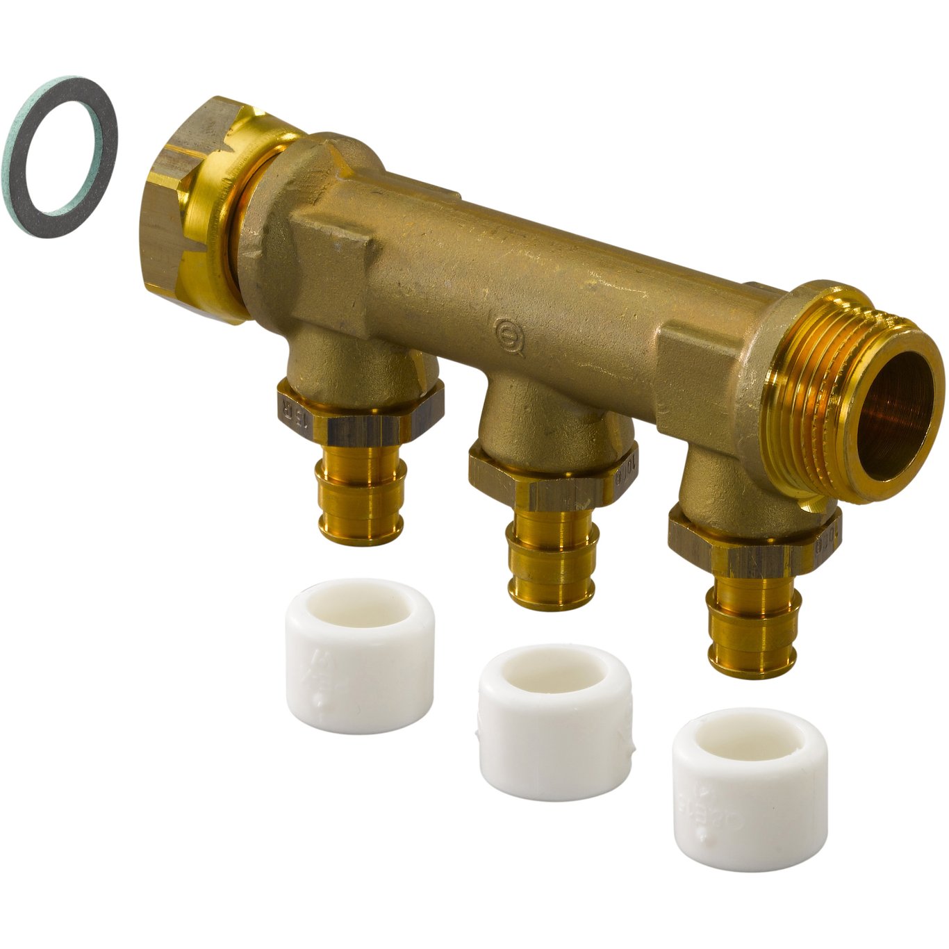 UPONOR Q&E FORDELERRØR M/3 AVSTIKK 3/4" M/OMLØPER TIL 15MM PEXRØR CC/35MM UPONOR Q&E FORDELERRØR M/3 AVSTIKK 3/4" M/OMLØPER TIL 15MM PEXRØR CC/35MM