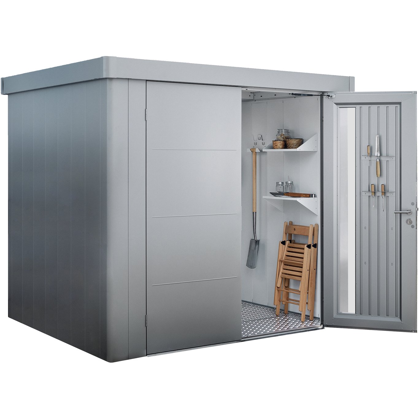 BIOHORT REDSKAPSBOD NEO 2B DOBBELDØR SØLV METALLIC BIOHORT REDSKAPSBOD NEO 2B DOBBELDØR SØLV METALLIC