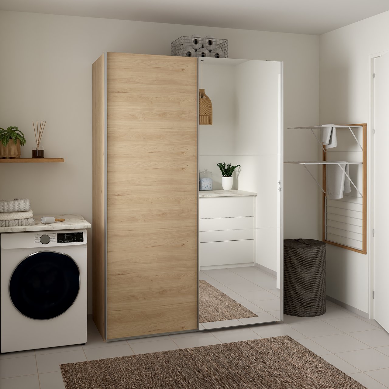 LIND NEST SKYVEDØRSGARDEROBE 150X220X67CM EIK MED SPEIL LIND NEST SKYVEDØRSGARDEROBE 150X220X67CM EIK MED SPEIL