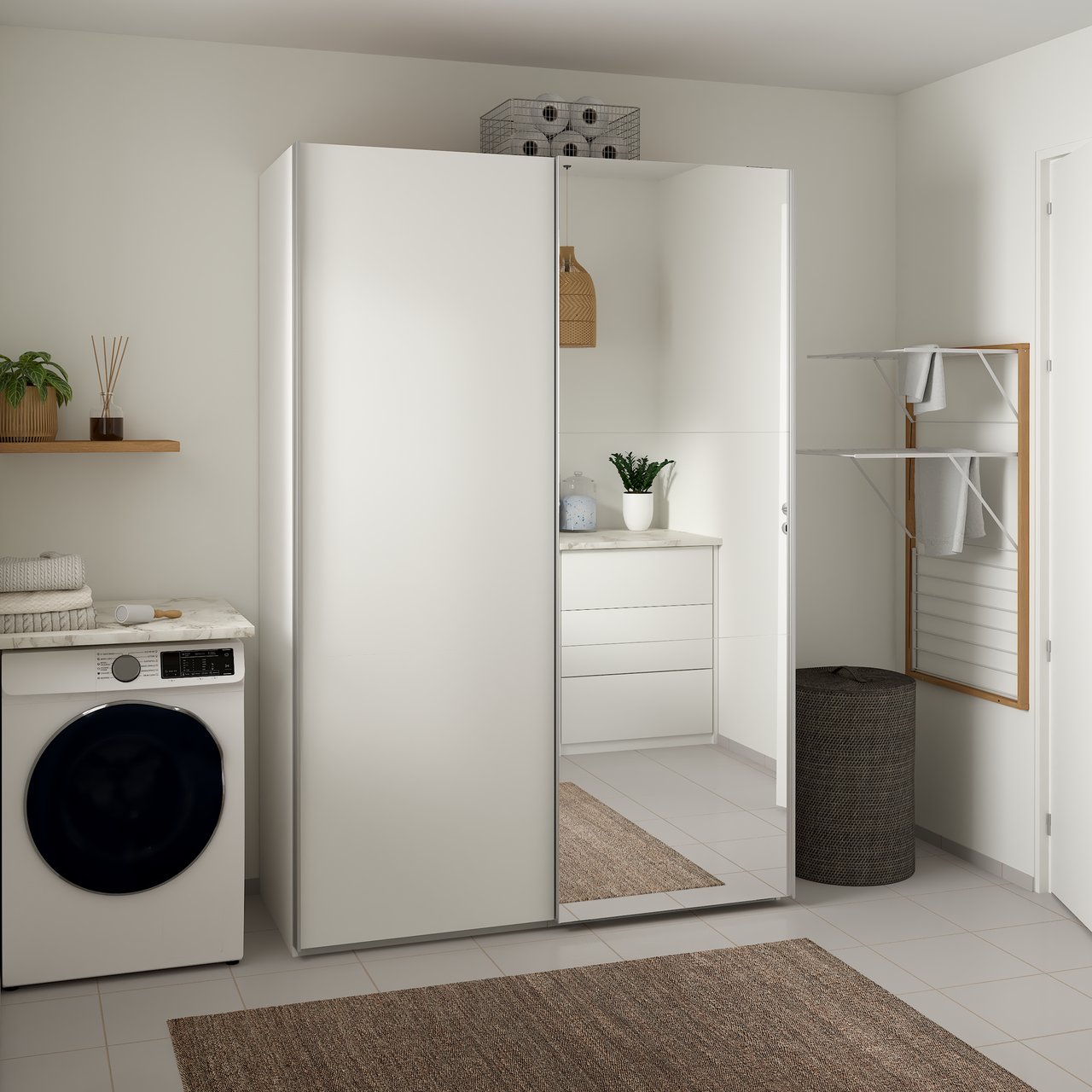 LIND NEST SKYVEDØRSGARDEROBE 150X220X67CM HVIT MED SPEIL