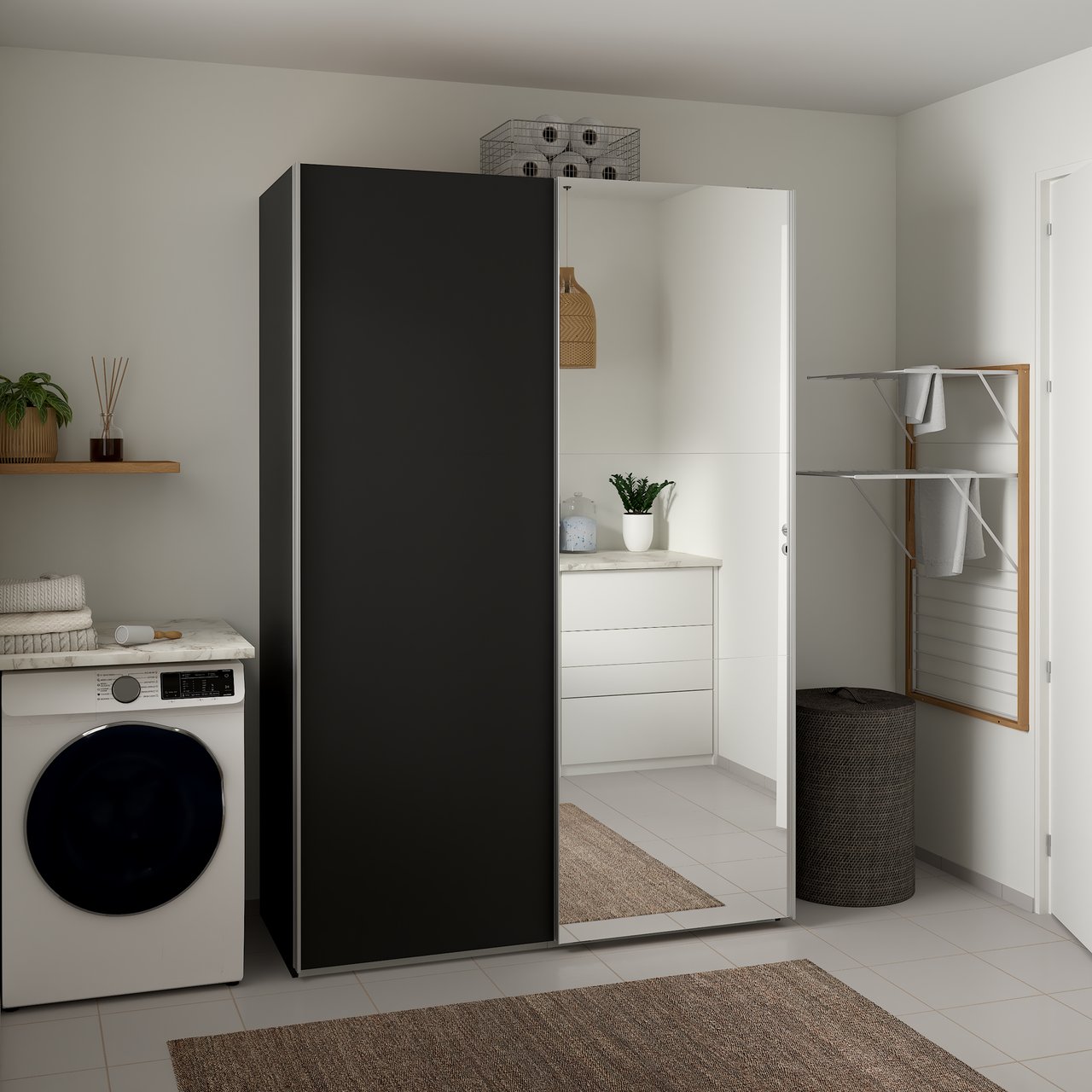 LIND NEST SKYVEDØRSGARDEROBE 150X220X67CM SORT MED SPEIL LIND NEST SKYVEDØRSGARDEROBE 150X220X67CM SORT MED SPEIL