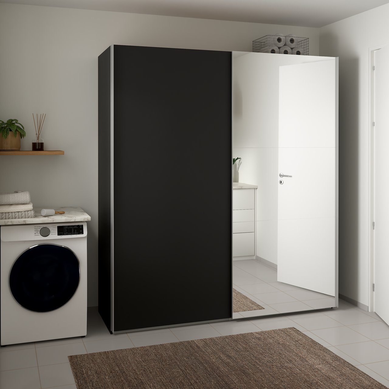 LIND NEST SKYVEDØRSGARDEROBE 200X220X67CM SORT MED SPEIL LIND NEST SKYVEDØRSGARDEROBE 200X220X67CM SORT MED SPEIL