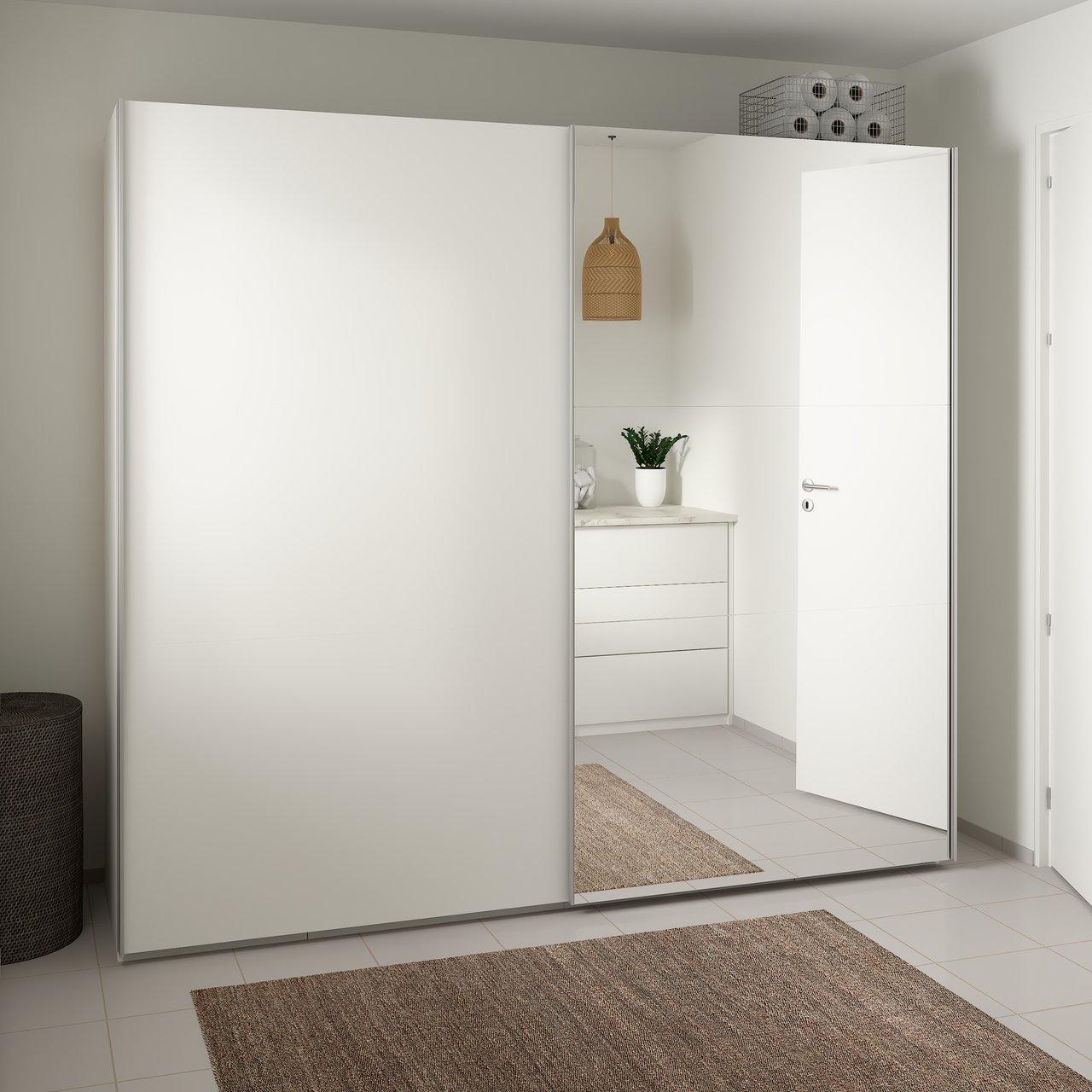LIND NEST SKYVEDØRSGARDEROBE 250X220X67CM HVIT MED SPEIL LIND NEST SKYVEDØRSGARDEROBE 250X220X67CM HVIT MED SPEIL