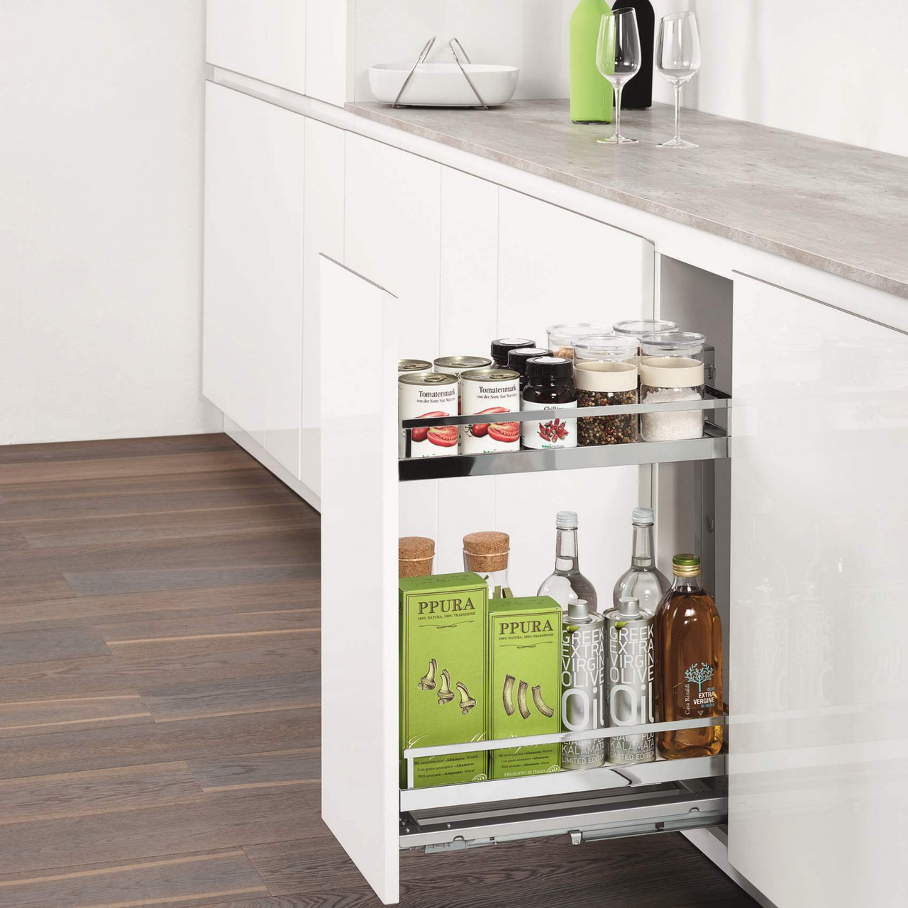 KESSEBÖHMER DISPENSA JUNIOR III, UTDRAG 400MM, 2 HYLLER STYLE HVIT/KROM