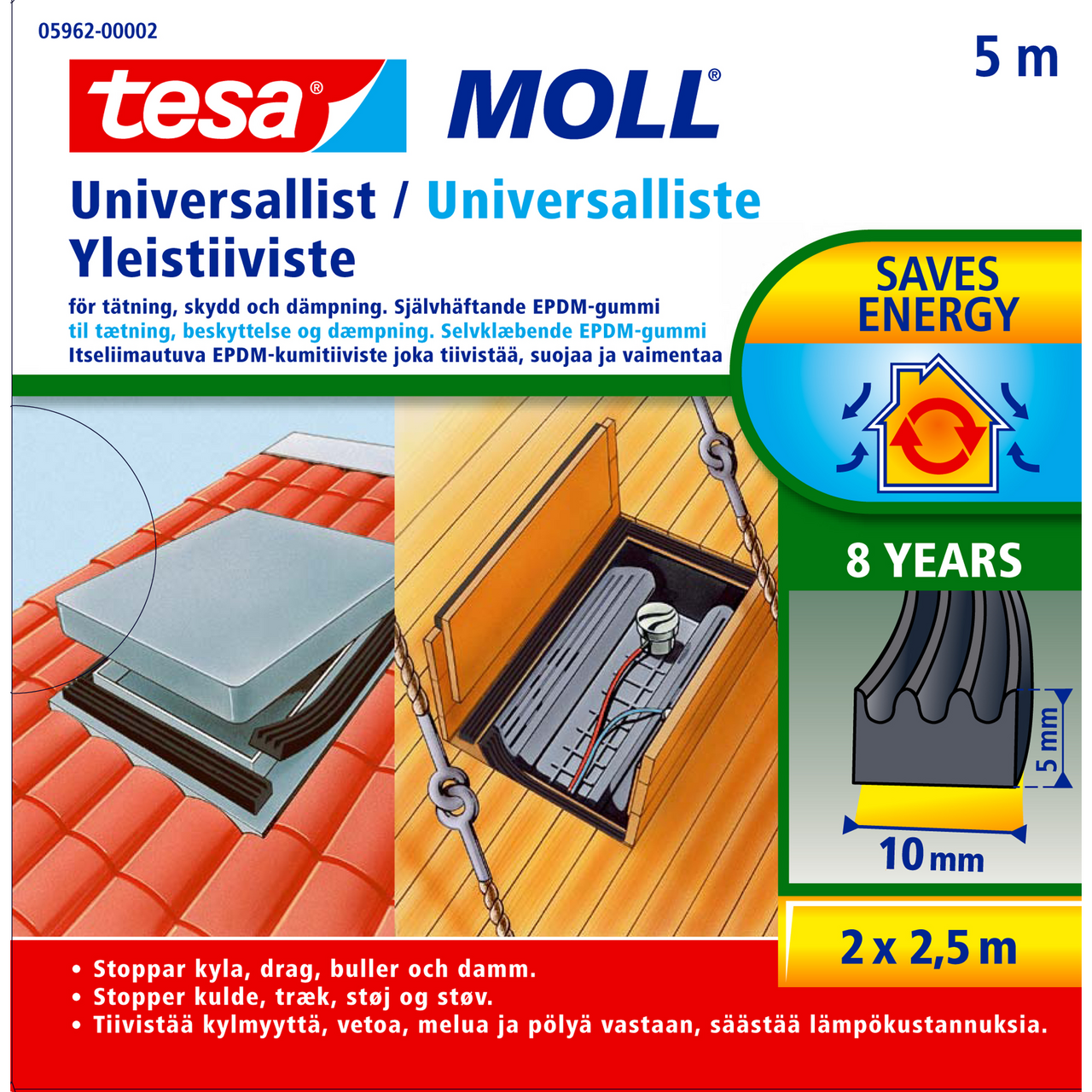 TESA TETNINGSLIST UNIVERSAL 5M X 10MM X 5MM SORT