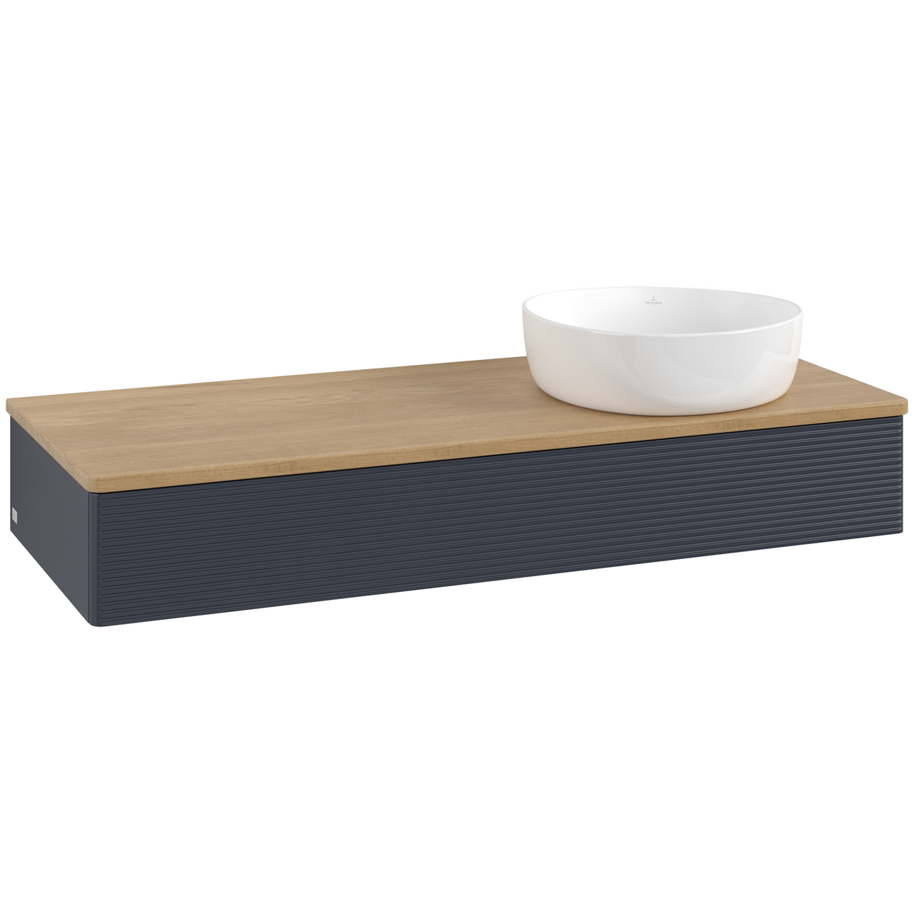 V&B ANTAO SERVANTSKAP 1 SKUFF RILLET 1200X190X500 HØYRE U/KRANHULL BLÅ/EIK