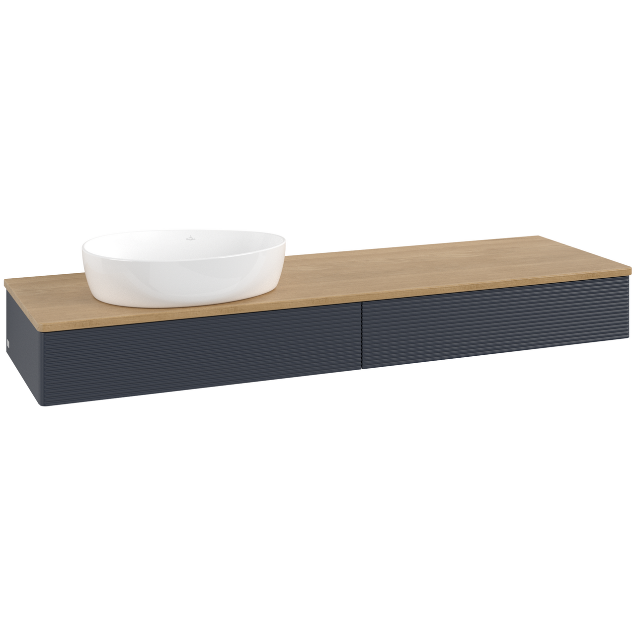 V&B ANTAO SERVANTSKAP 2 SKUFFER RILLET 1600X190X500 VENSTRE U/KRANHULL BLÅ/EIK