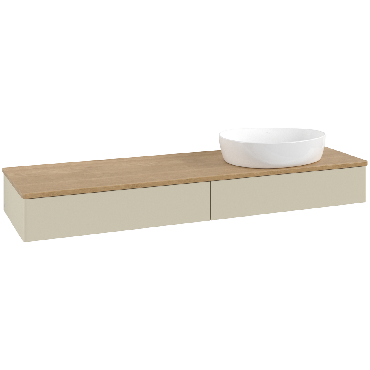 V&B ANTAO SERVANTSKAP 2 SKUFFER GLATT 1600X190X500 HØYRE U/KRANHULL SILKEGRÅ/EIK