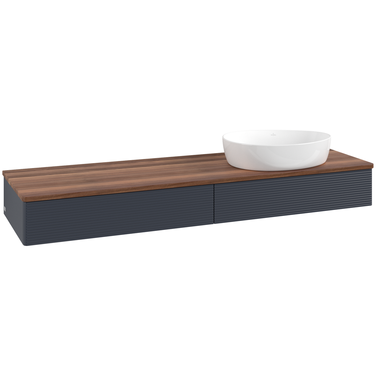 V&B ANTAO SERVANTSKAP 2 SKUFFER RILLET 1600X190X500 HØYRE U/KRANHULL BLÅ/VALNØTT