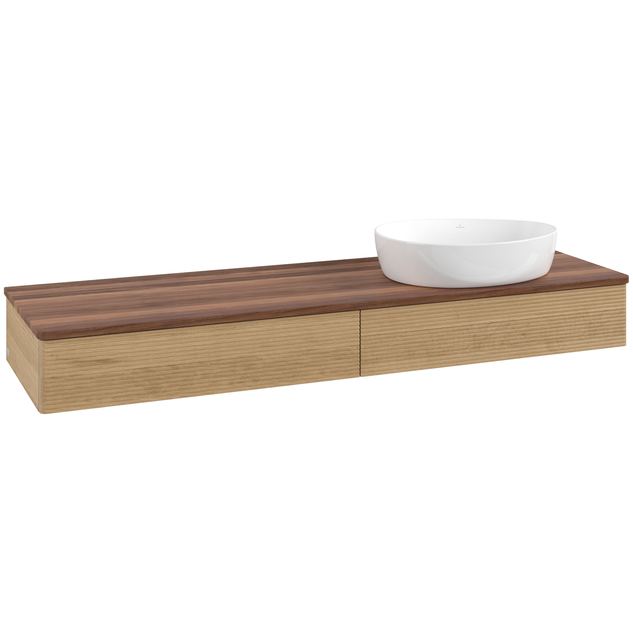 V&B ANTAO SERVANTSKAP 2 SKUFFER RILLET 1600X190X500 HØYRE U/KRANHULL EIK/VALNØTT