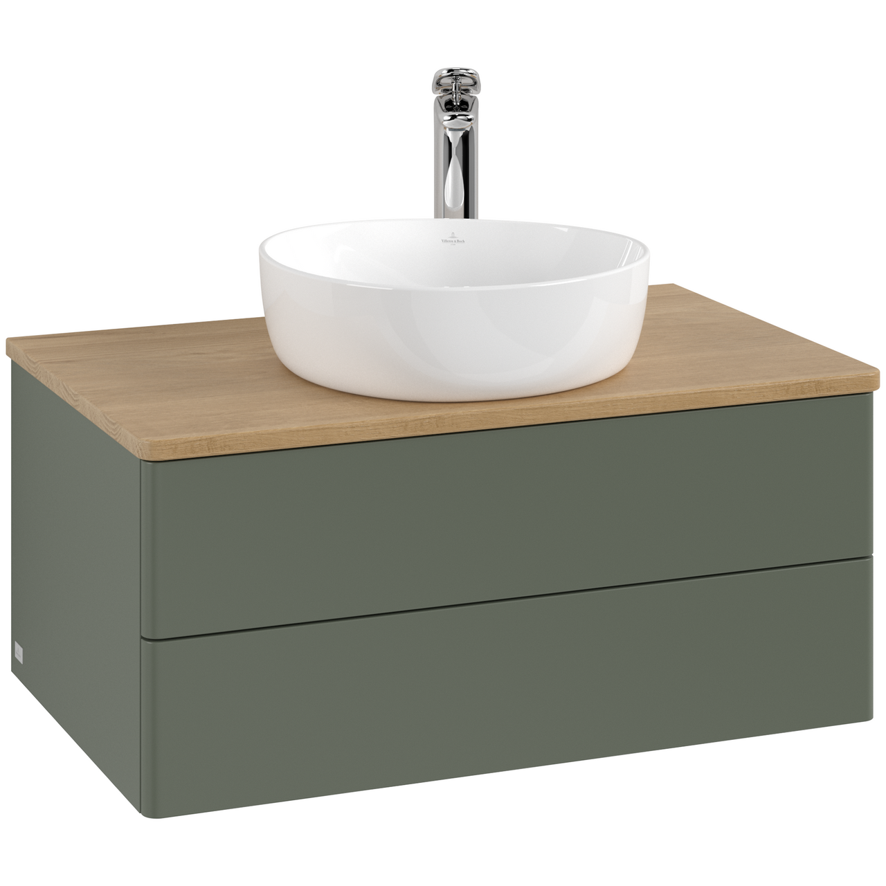 V&B ANTAO SERVANTSKAP 2 SKUFFER GLATT 800X360X500 M/KRANHULL GRØNN/EIK