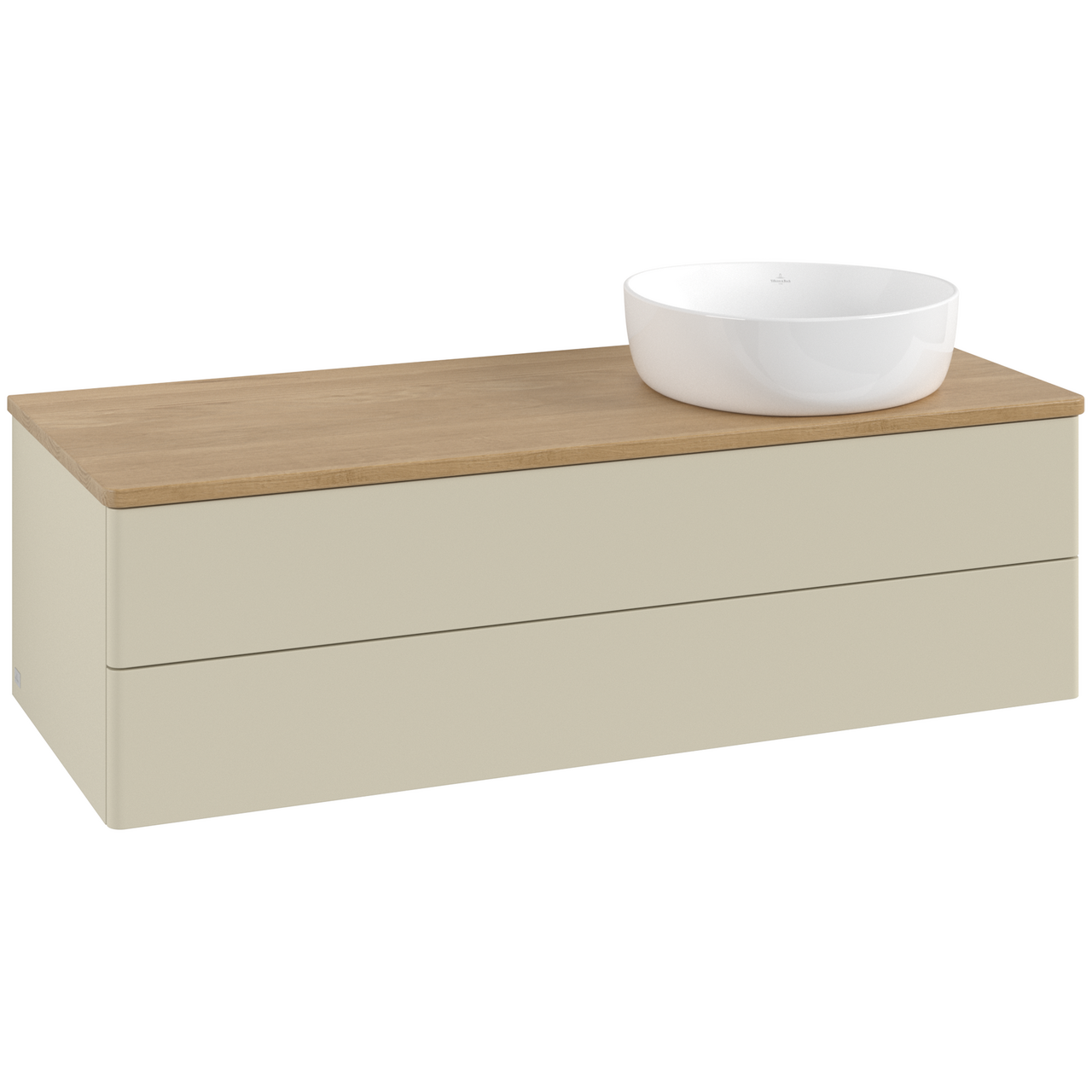 V&B ANTAO SERVANTSKAP 2 SKUFFER GLATT 1200X360X500 HØYRE U/KRANHULL SILKEGRÅ/EIK