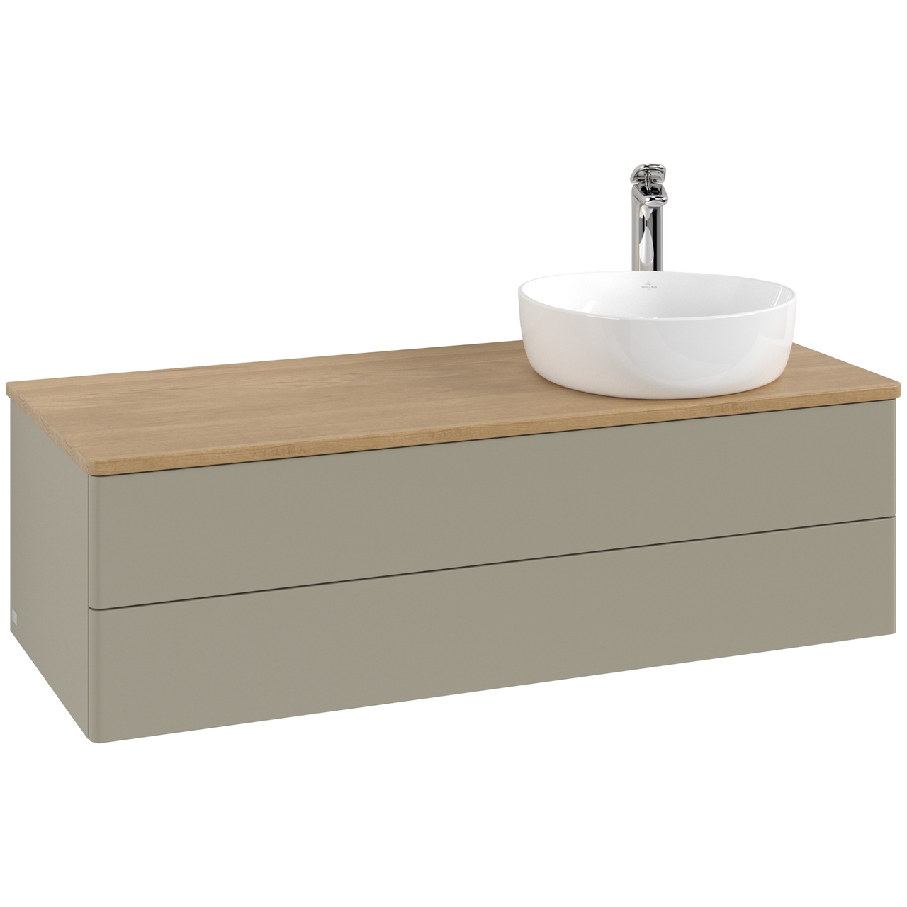 V&B ANTAO SERVANTSKAP 2 SKUFFER GLATT 1200X360X500 HØYRE M/KRANHULL STENGRÅ/EIK