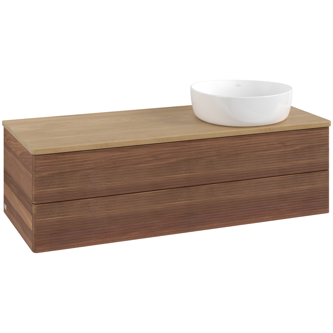 V&B ANTAO SERVANTSKAP 2 SKUFFER RILLET 1200X360X500 HØYRE U/KRANHULL VALNØTT/EIK