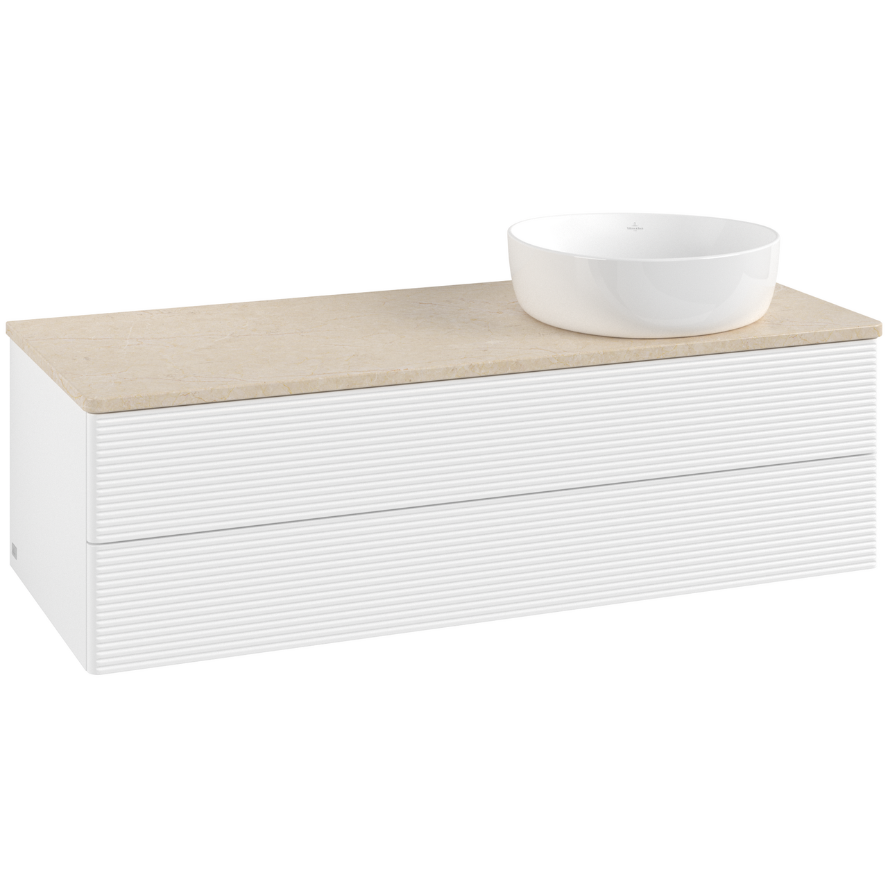 V&B ANTAO SERVANTSKAP 2 SKUFFER RILLET 1200X360X500 HØYRE U/KRANHULL MATT HVIT/CRÉME
