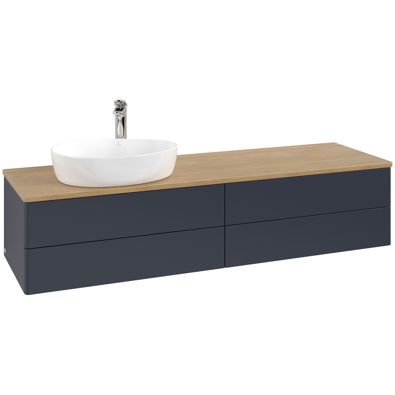 V&B ANTAO SERVANTSKAP 4 SKUFFER GLATT 1600X360X500 VENSTRE M/KRANHULL BLÅ/EIK