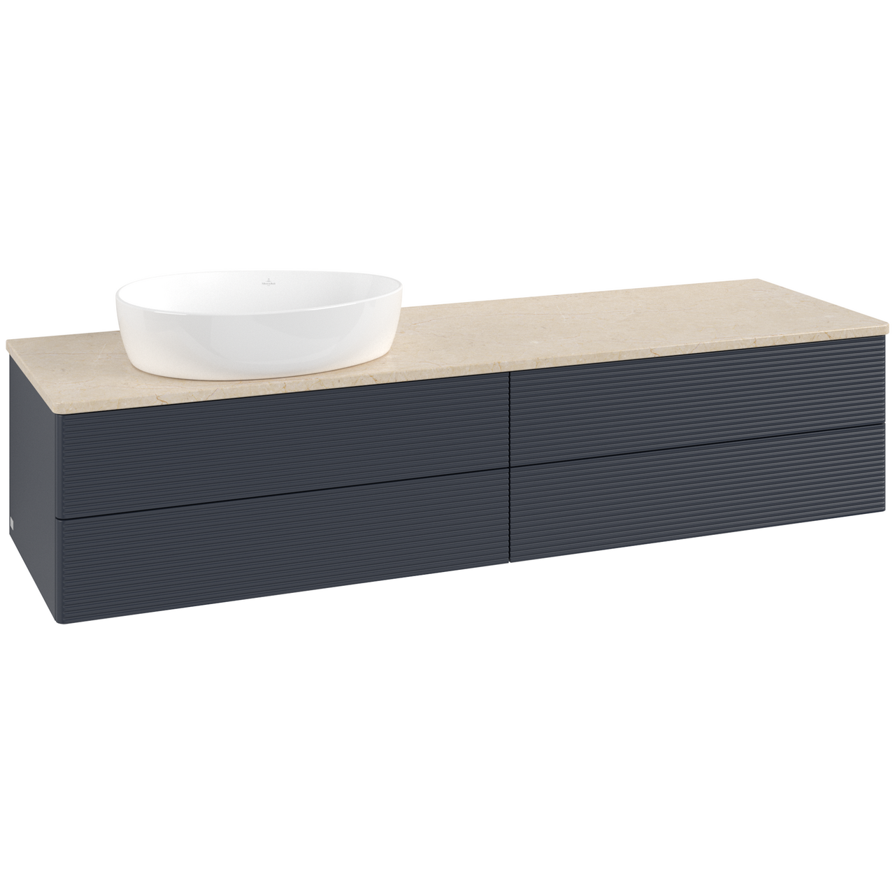 V&B ANTAO SERVANTSKAP 4 SKUFFER RILLET 1600X360X500 VENSTRE U/KRANHULL BLÅ/CRÉME
