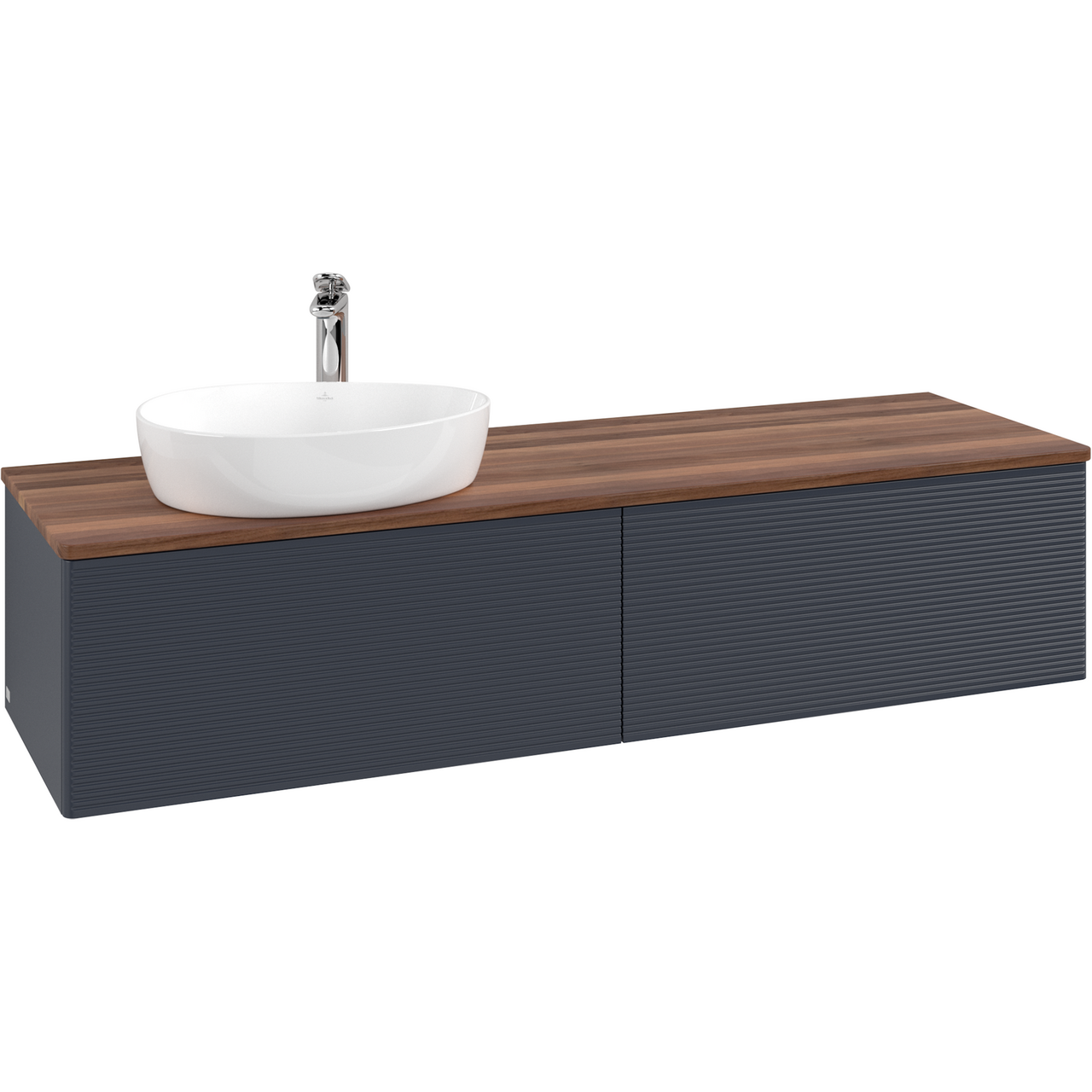 V&B ANTAO SERVANTSKAP 2 SKUFFER RILLET 1600X360X500 VENSTRE M/KRANHULL BLÅ/VALNØTT